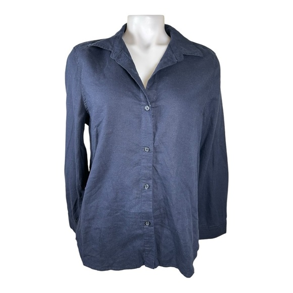NWT Needle & Cloth Women’s Navy Blue button Front shirt long sleeve linen blend - Picture 1 of 6